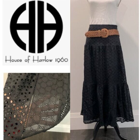House of Harlow 1960 Tiered Skirt Black embroidered eyelets - Picture 1 of 12